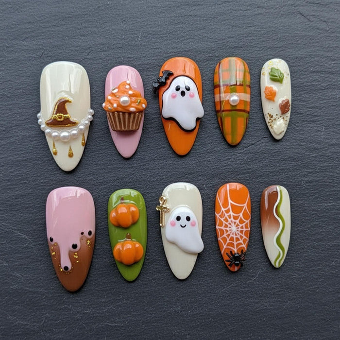 Halloween Press-On Nails with 3D Ghosts, Pumpkins, Cupcake and Fall Plaid