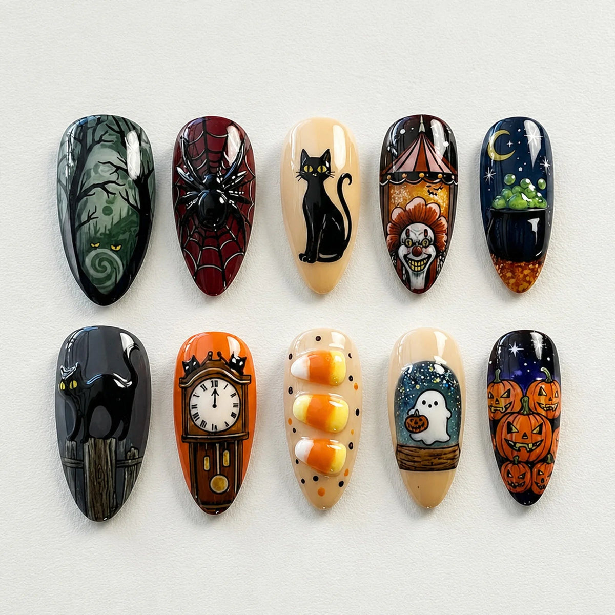 Halloween Press On Nails with Black Cats, Clown, Pumpkins and Spooky Scenes
