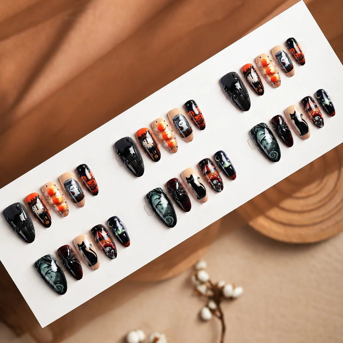 Halloween Press On Nails with Black Cats, Clown, Pumpkins and Spooky Scenes