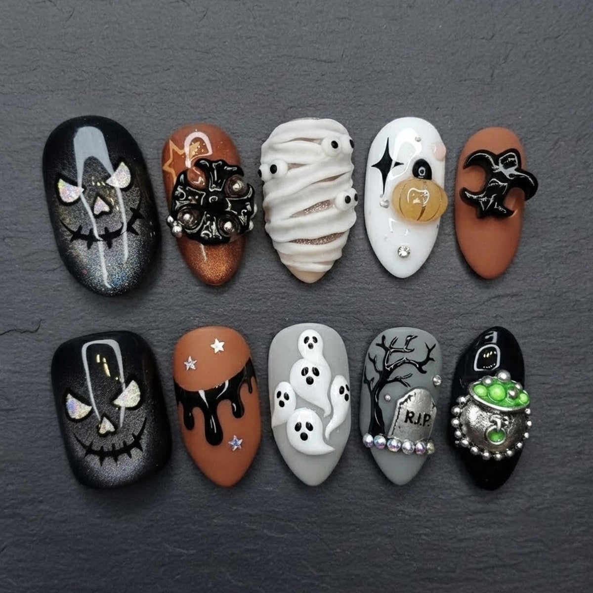 Halloween Press On Nails With Ghost, Mummy, Skull and Cauldron Details