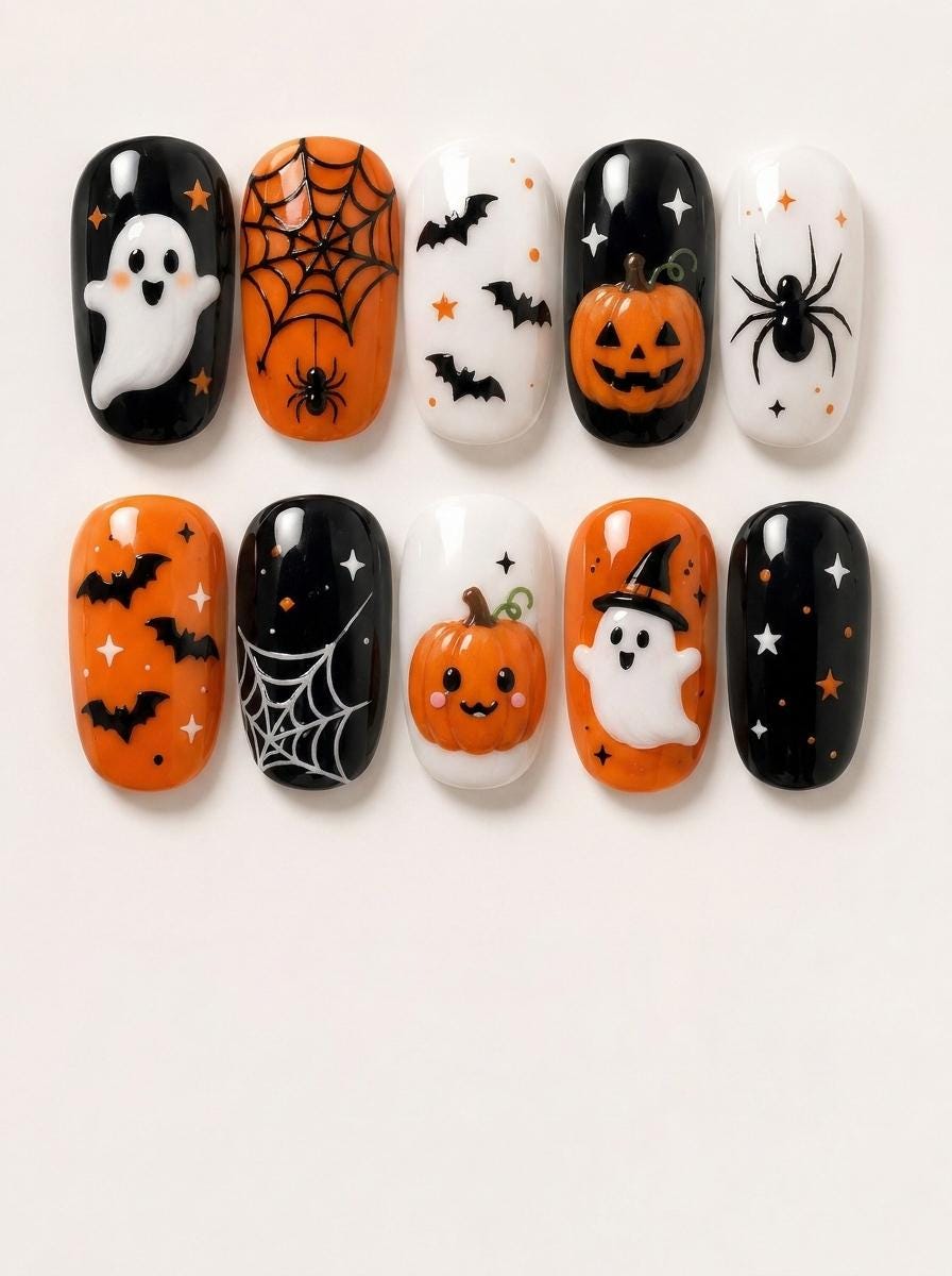 Halloween Press On Nails with Ghosts, Bats, Pumpkins and Spiderwebs