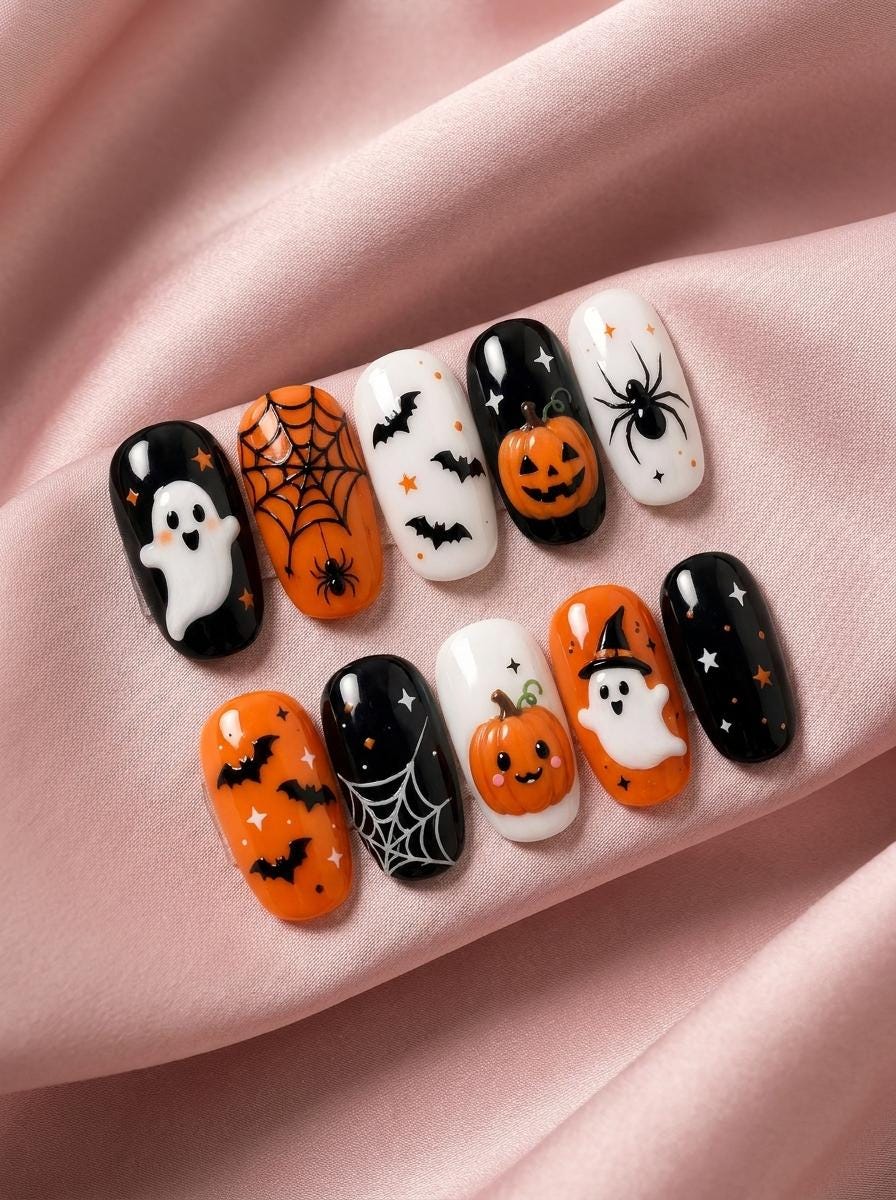 Halloween Press On Nails with Ghosts, Bats, Pumpkins and Spiderwebs