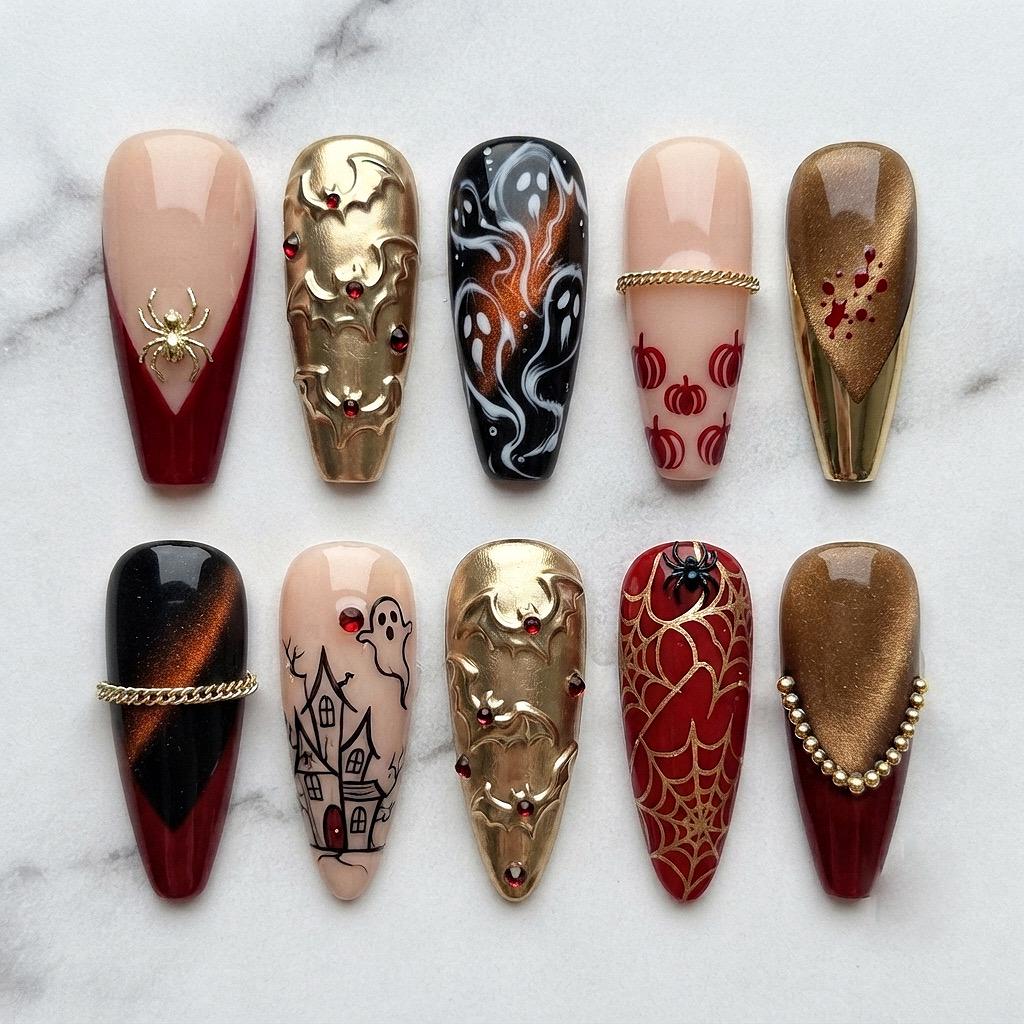 Halloween Press-On Nails With Gold Bats, Spiders, Ghosts, and Burgundy Details