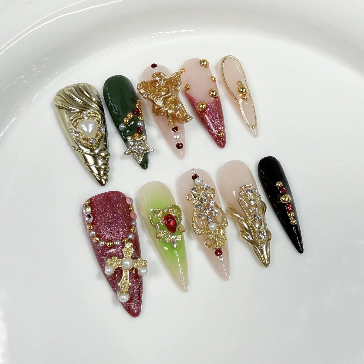 Halloween Press On Nails with Ornate Gold Charms, Pearls and Rhinestones