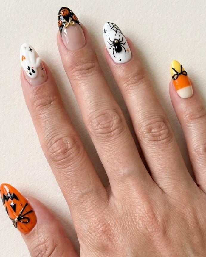 Halloween Press On Nails With Pumpkins, Ghosts, Spiderwebs and Candy Corn