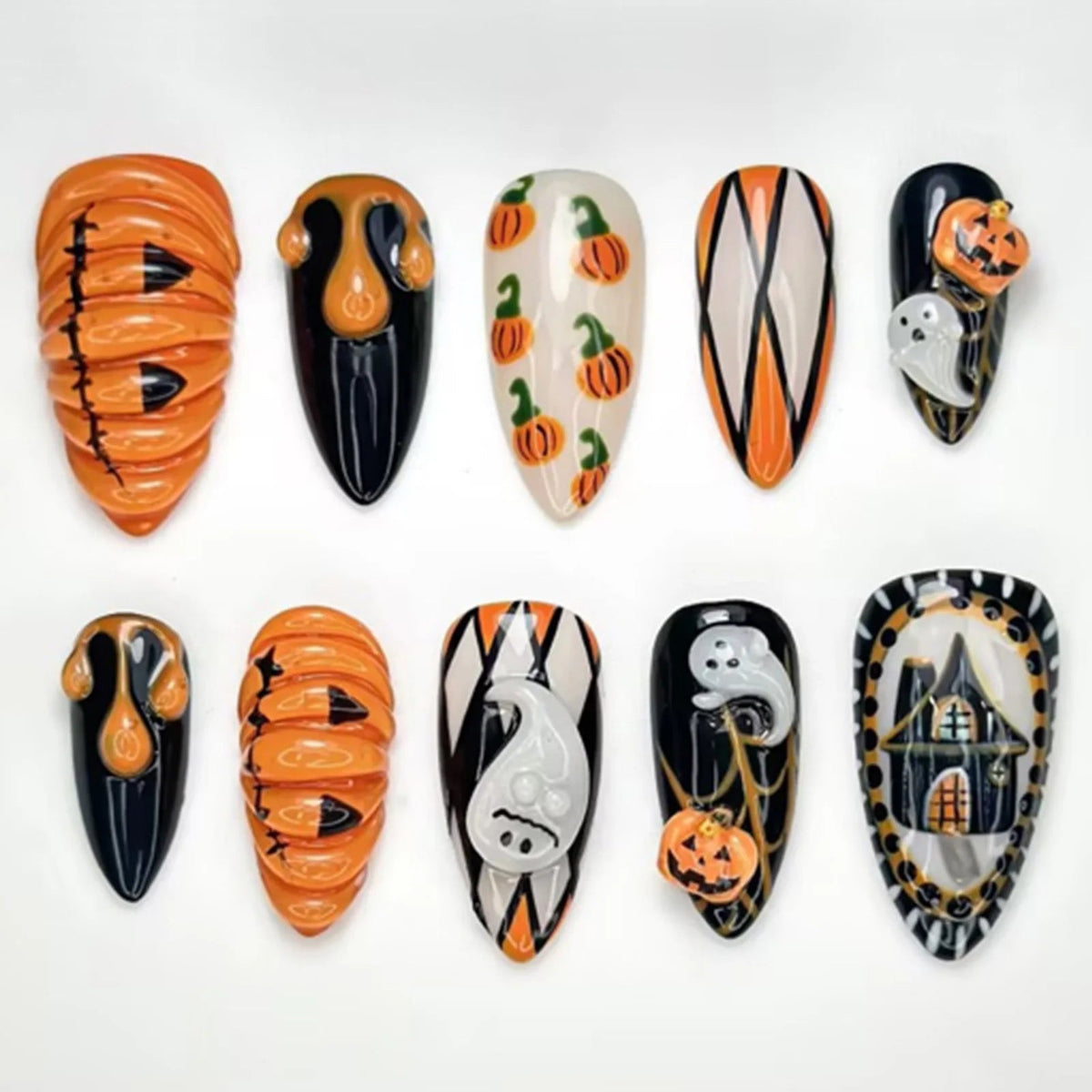 Halloween Pumpkin and Ghost Press On Nails with Haunted House Art