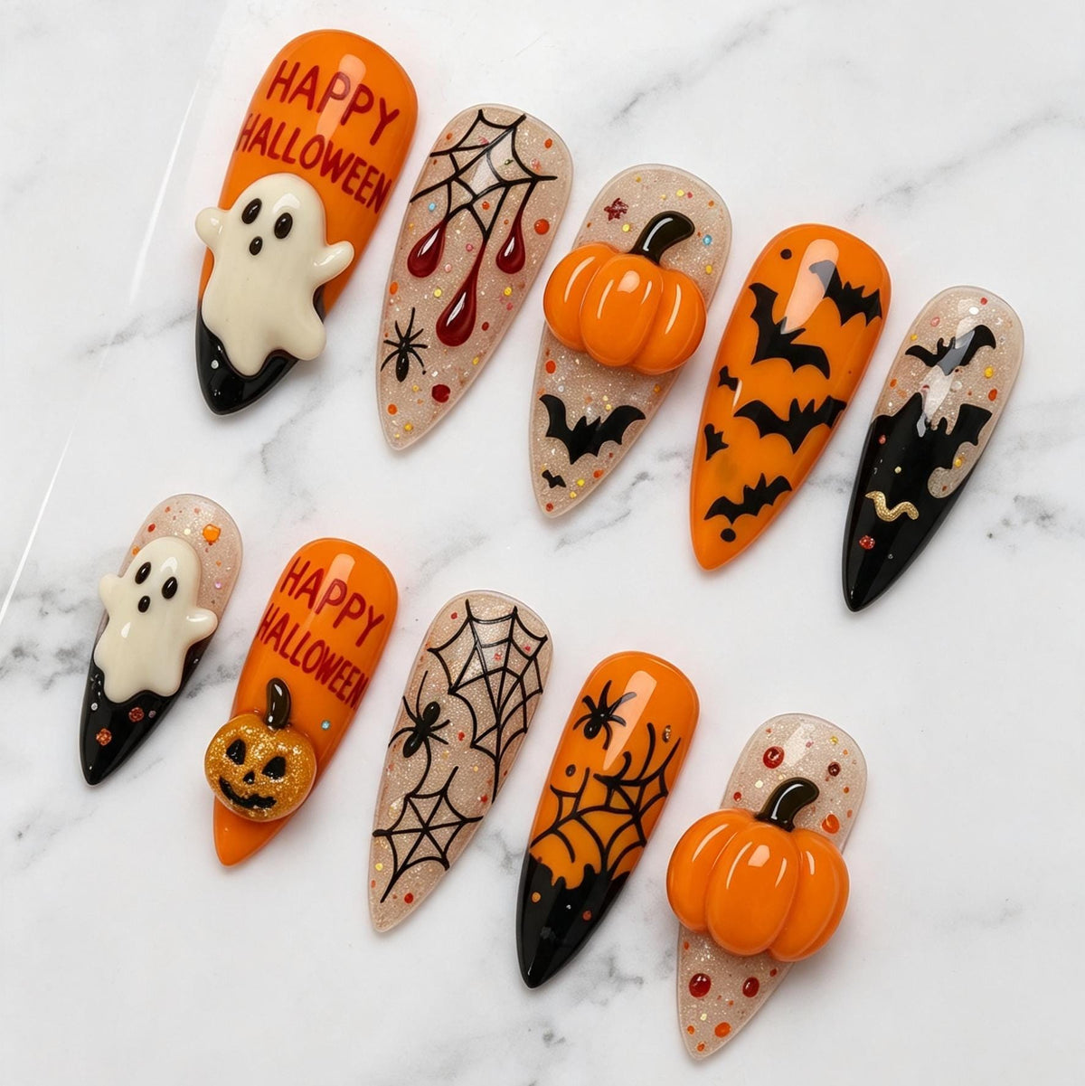 Halloween Pumpkin and Ghost Press-On Nails with Spiderwebs, Bats, and Glitter