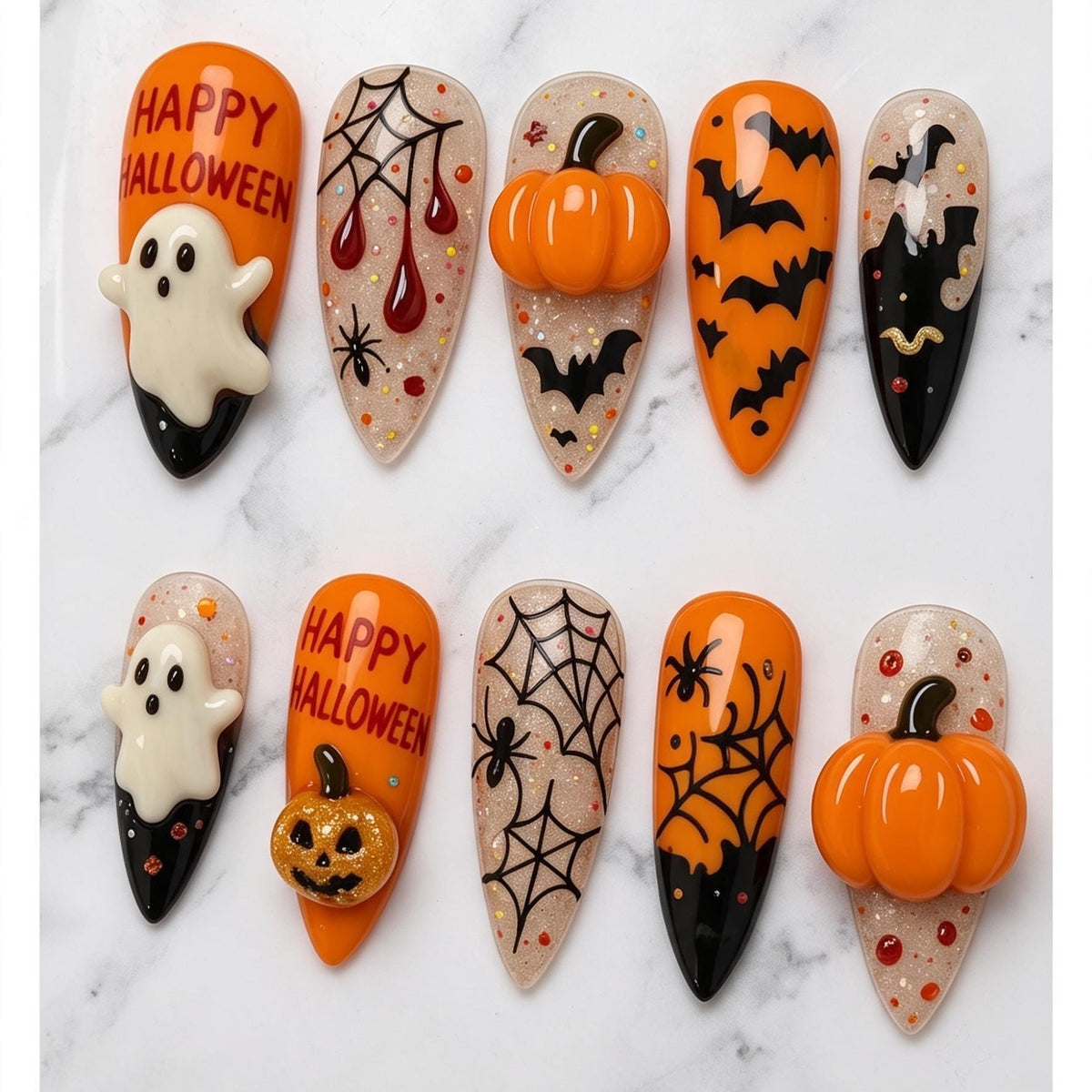 Halloween Pumpkin and Ghost Press-On Nails with Spiderwebs, Bats, and Glitter