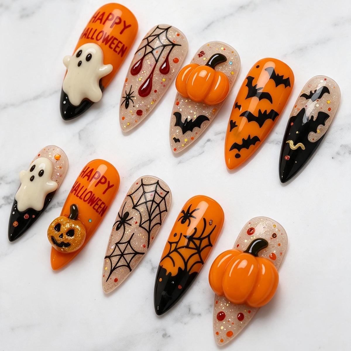 Halloween Pumpkin and Ghost Press-On Nails with Spiderwebs, Bats, and Glitter