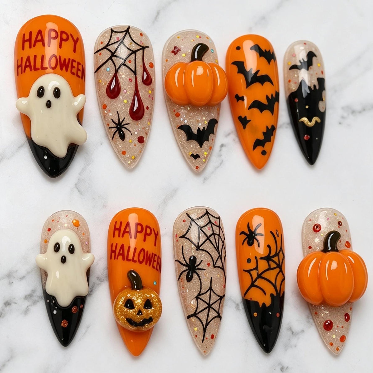 Halloween Pumpkin and Ghost Press-On Nails with Spiderwebs, Bats, and Glitter