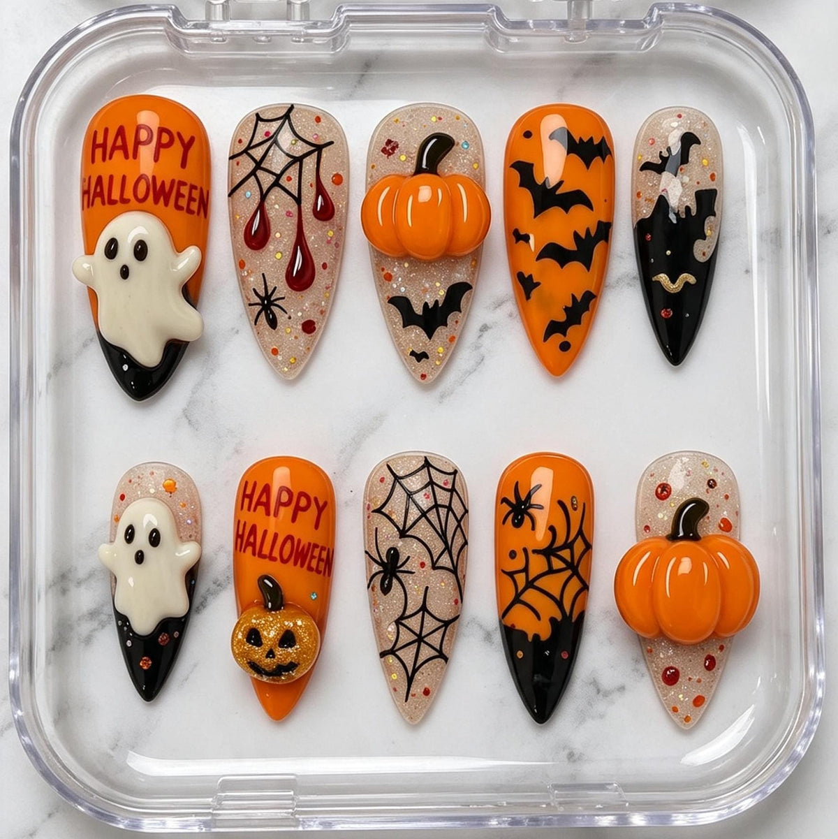 Halloween Pumpkin and Ghost Press-On Nails with Spiderwebs, Bats, and Glitter