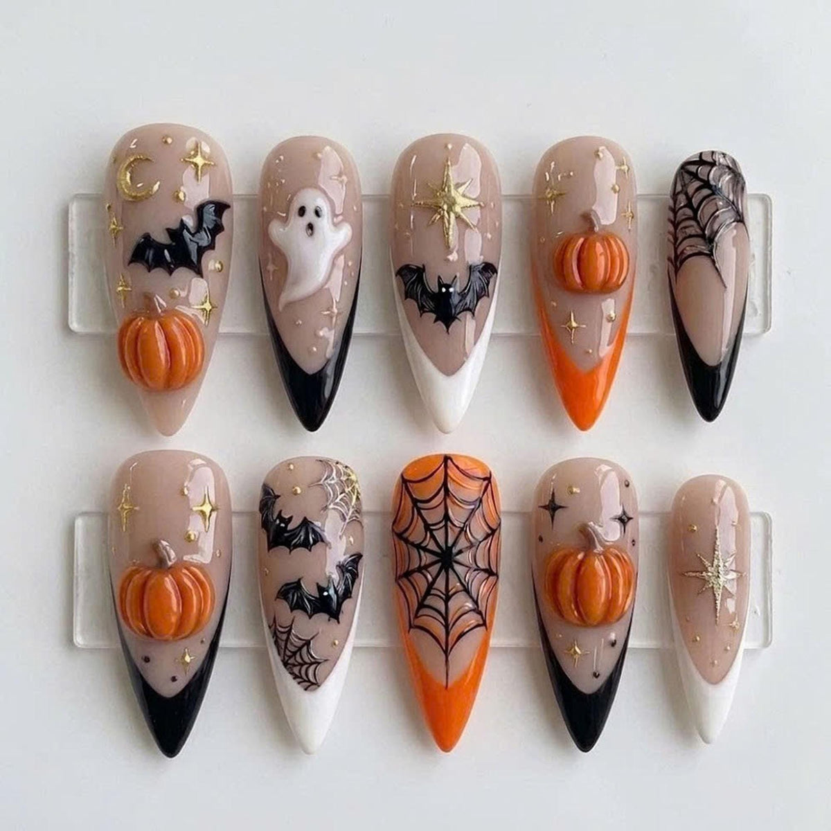 Halloween Pumpkin, Ghost, Bat and Spiderweb Press On Nails