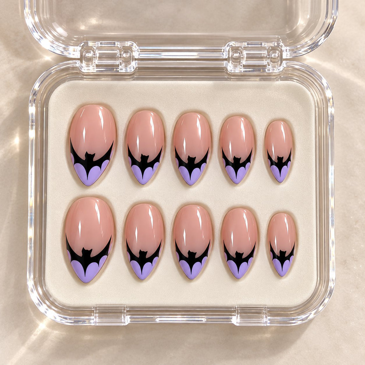 Halloween Purple Bat French Tip Press On Nails with Sheer Blush Pink Base in clear acrylic storage box