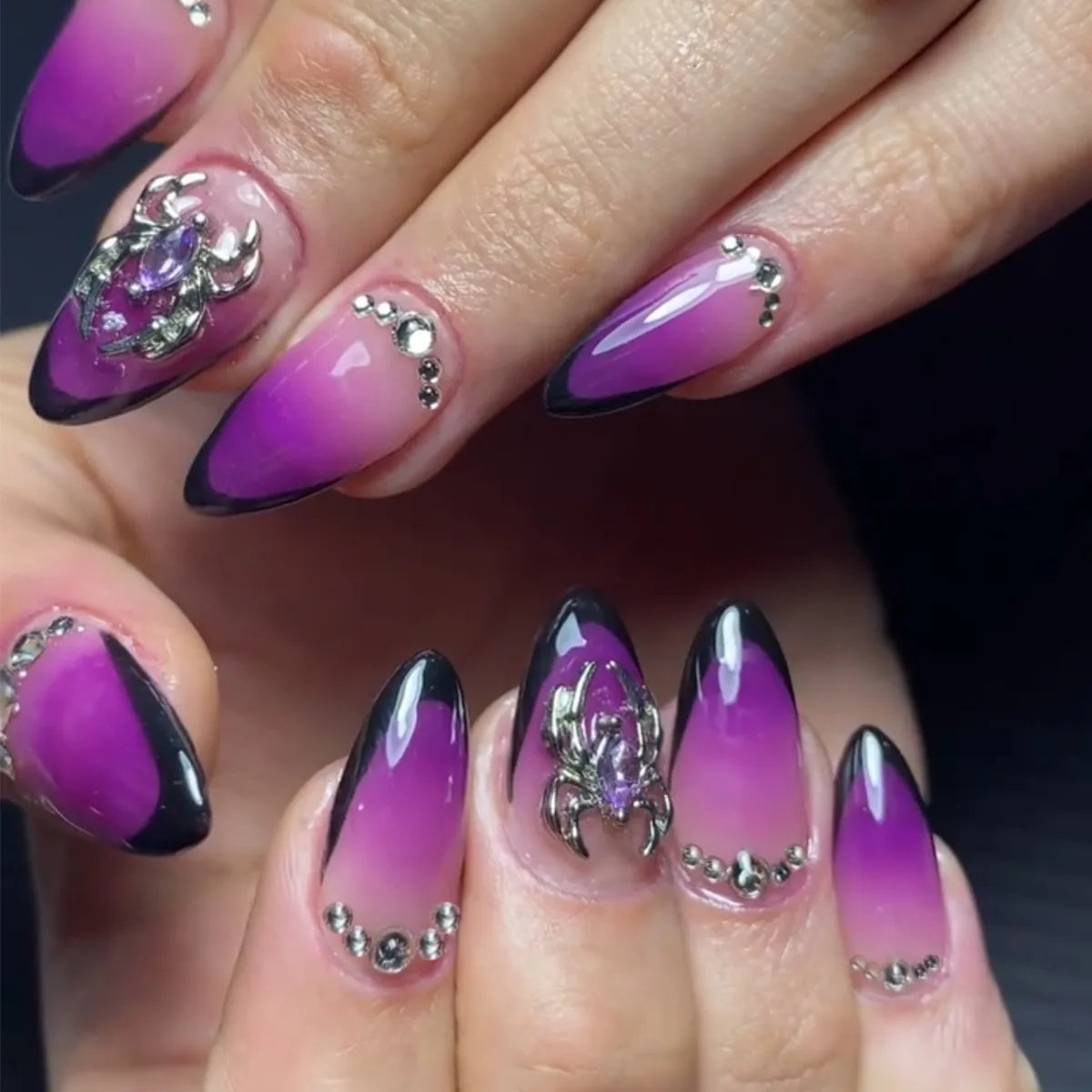 Halloween Purple-Pink Ombré Stiletto Press On Nails with Dark Tips and Silver Rhinestones