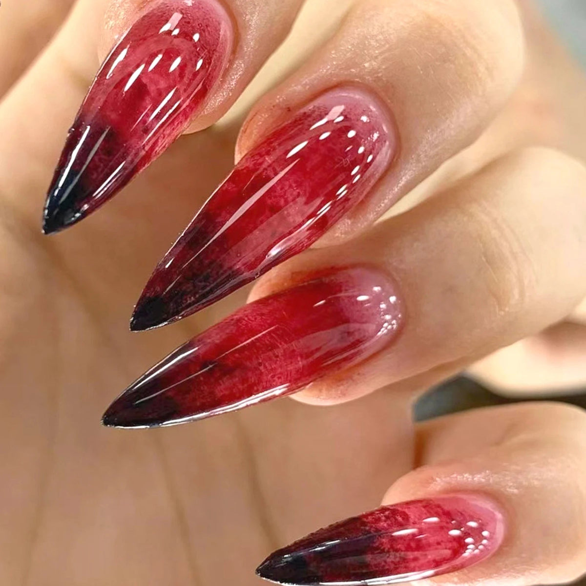 Halloween Red Jelly Ombre Press On Nails with Glossy Black Tips
