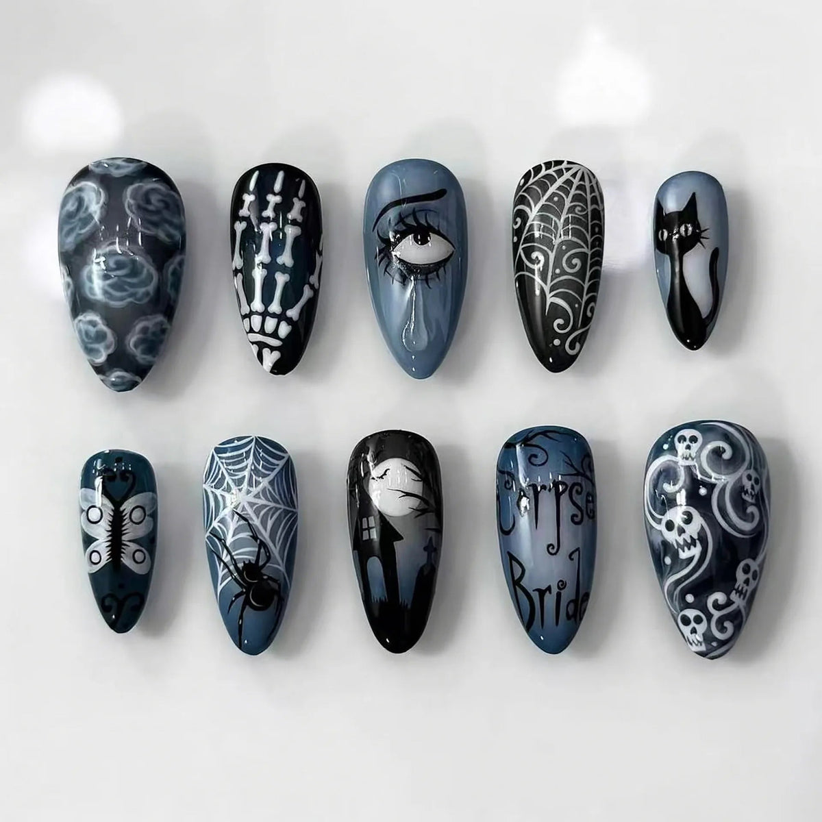 Halloween Skull, Spider Web, and Eye Nail Set in Black and Smoky Blue-Gray