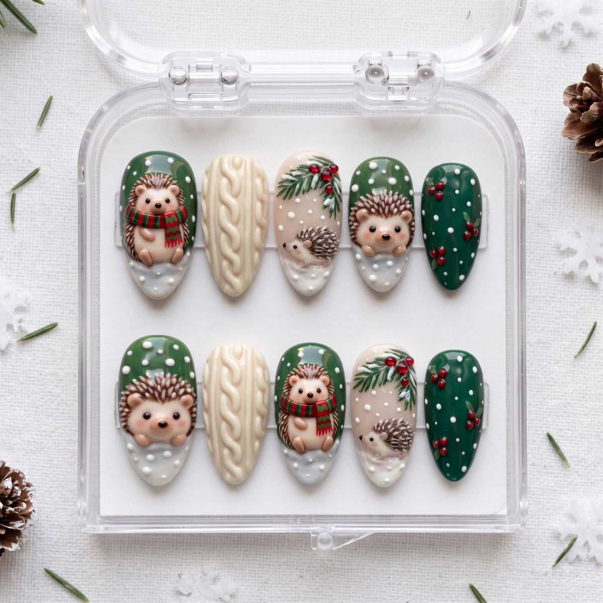 Hedgehog Christmas Nail Set With Cable Knit, Holly Berries, and 3D Details