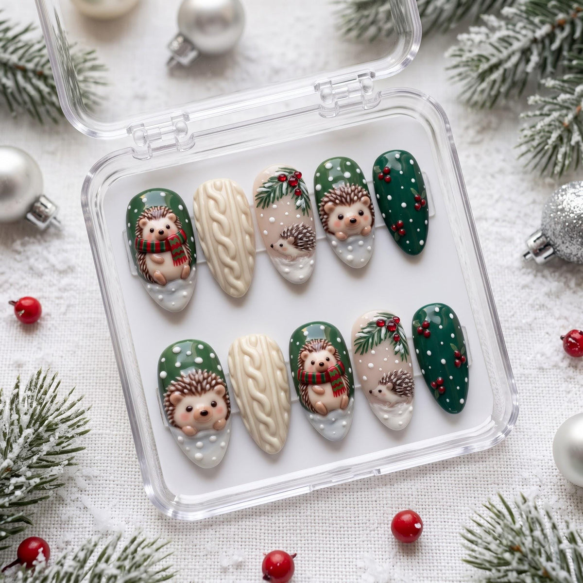 Hedgehog Christmas Nail Set With Cable Knit, Holly Berries, and 3D Details