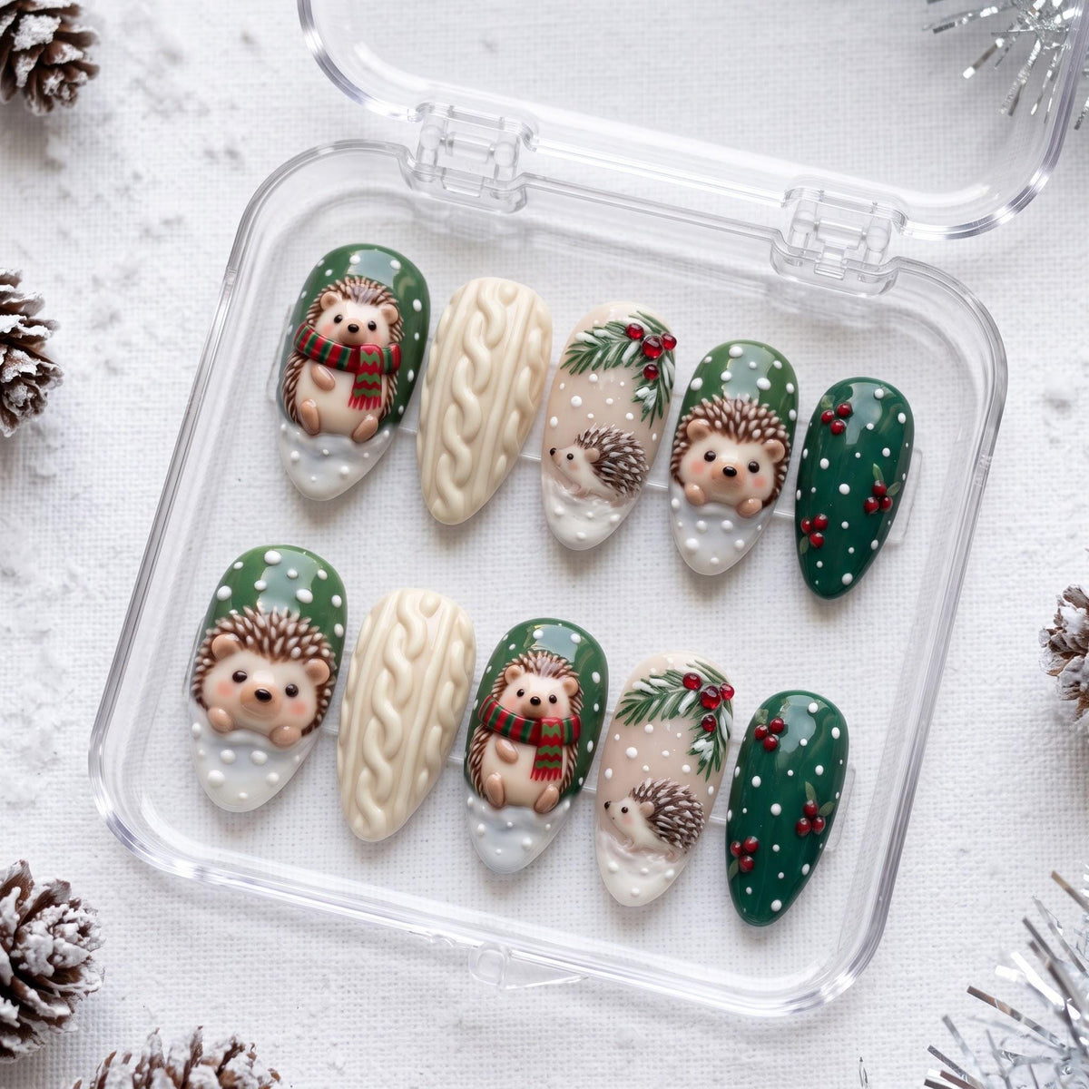 Hedgehog Christmas Nail Set With Cable Knit, Holly Berries, and 3D Details