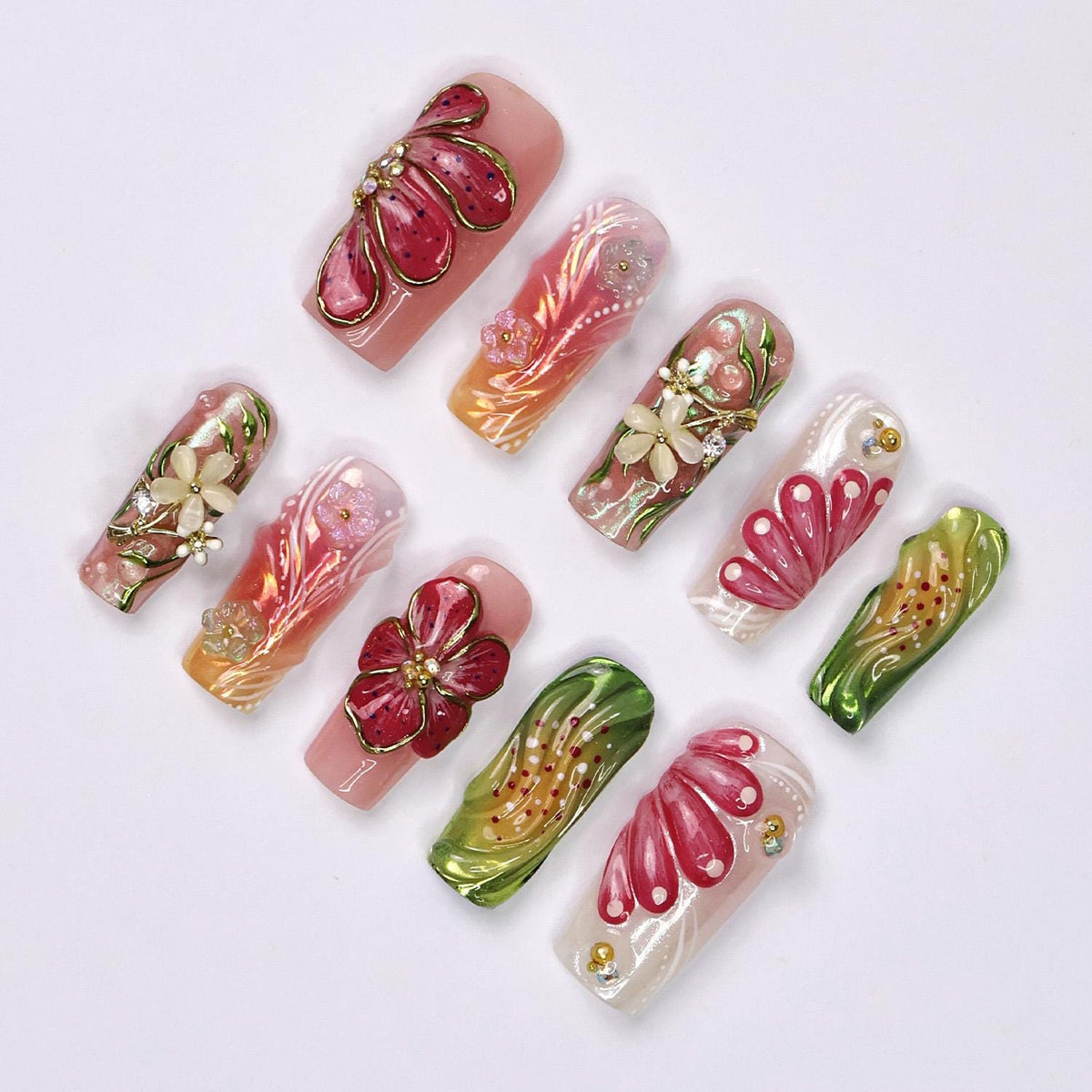 Hibiscus Floral Nail Set for Spring and Vacation With Gold Details