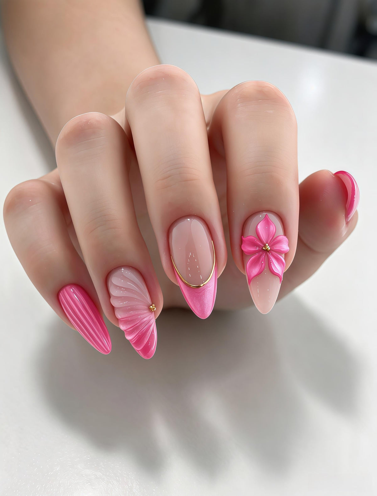 Hot Pink 3D Flower Press On Nails with Shell Detail and Gold Lines