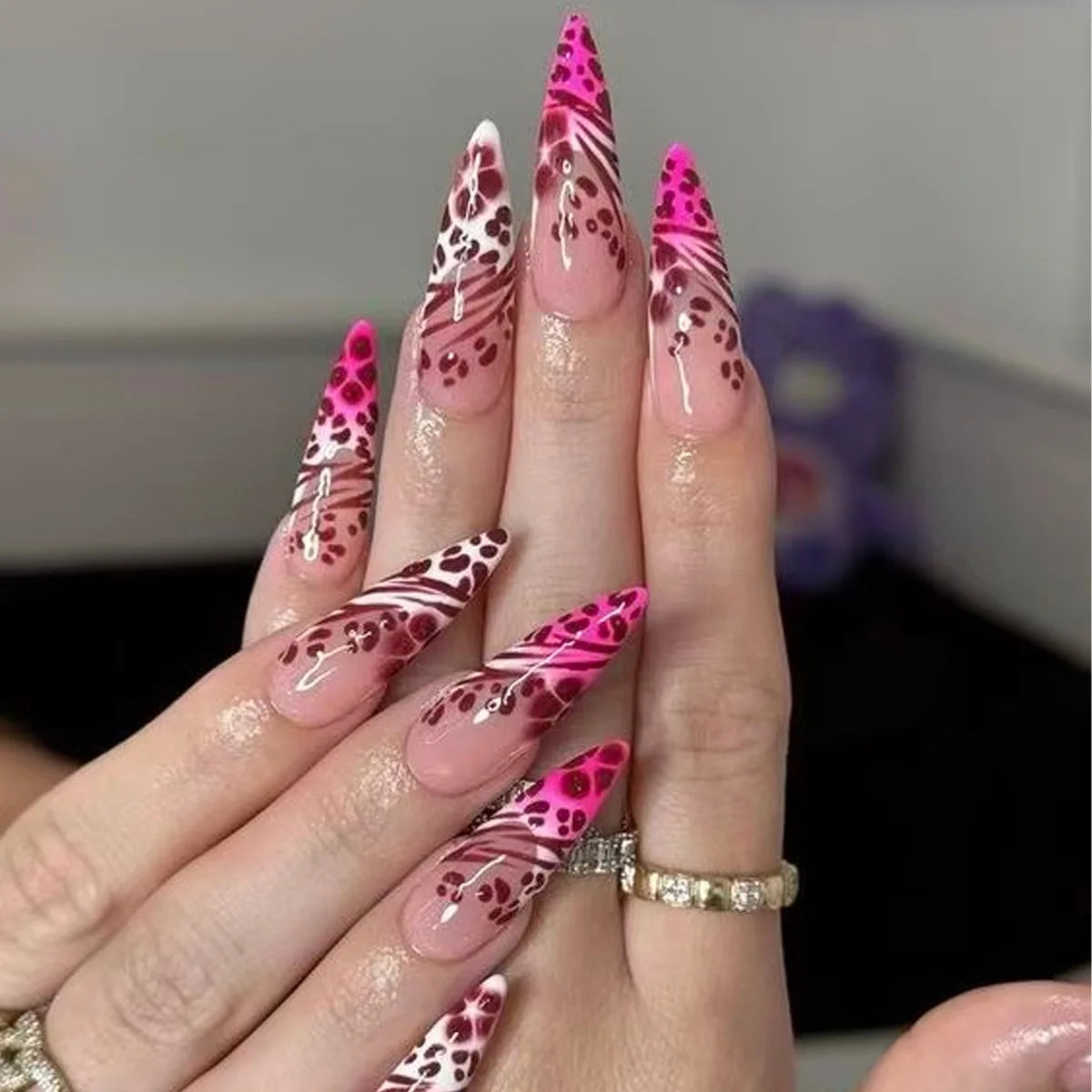 Hot Pink and White French Tip Leopard Print Nail Set