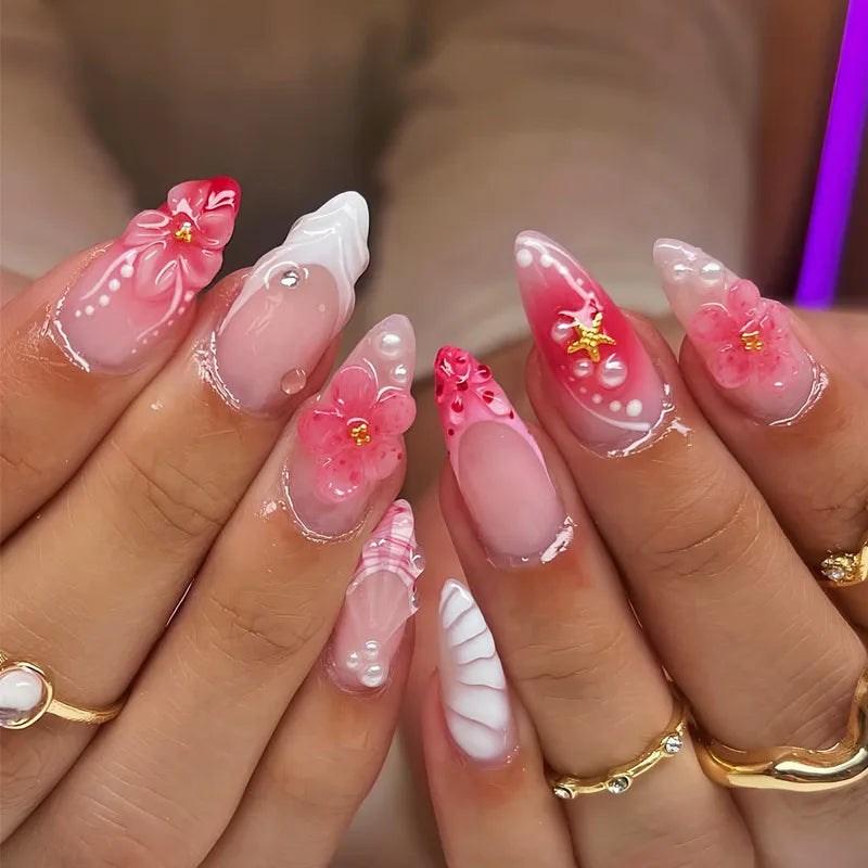 Hot Pink French Tip Press On Nails with 3D Flowers and Pearl Accents