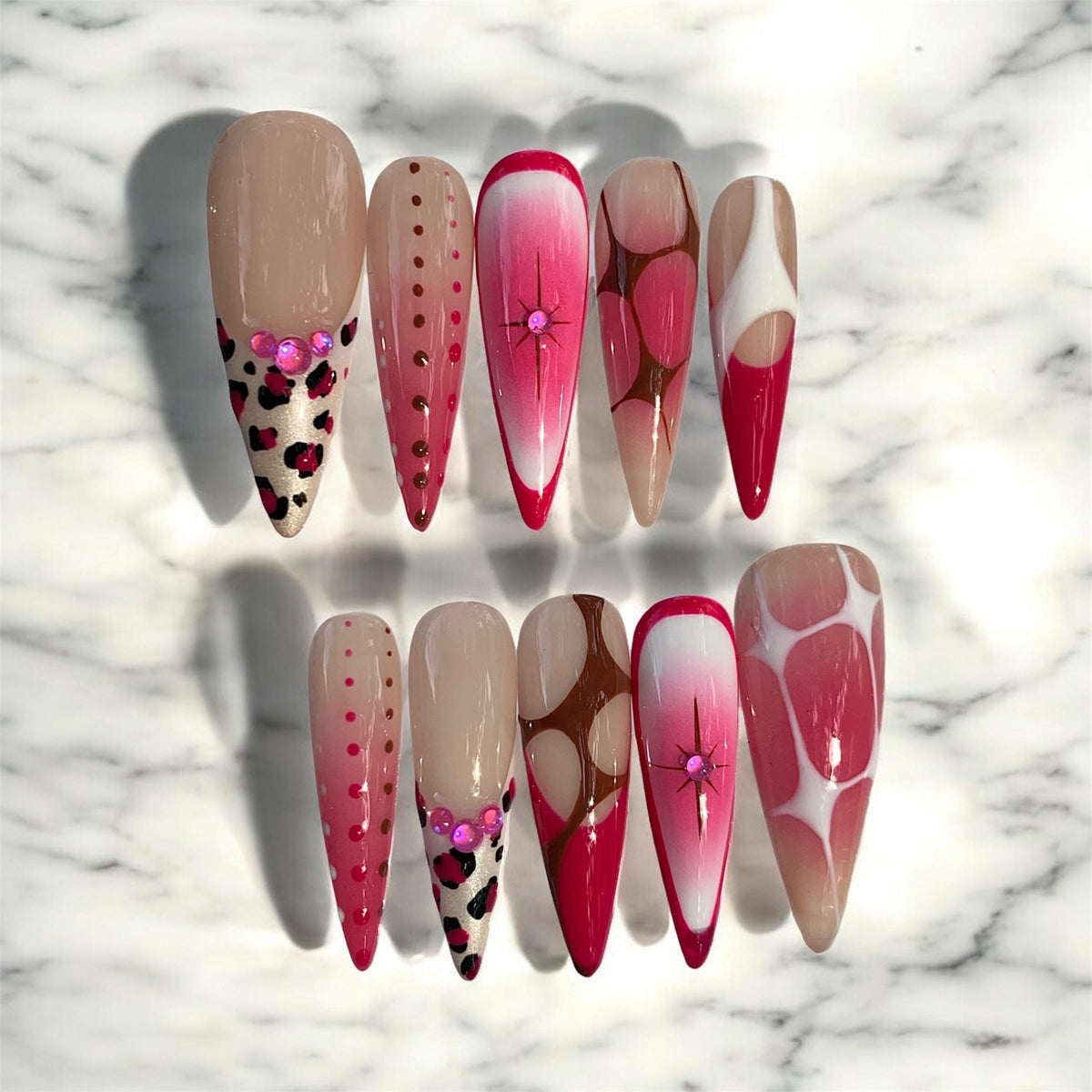 Hot Pink Leopard Print and Gradient Retro Y2K Nail Set with Rhinestones