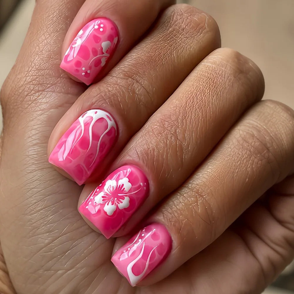 Hot Pink Swirl and White Floral Press On Nail Set