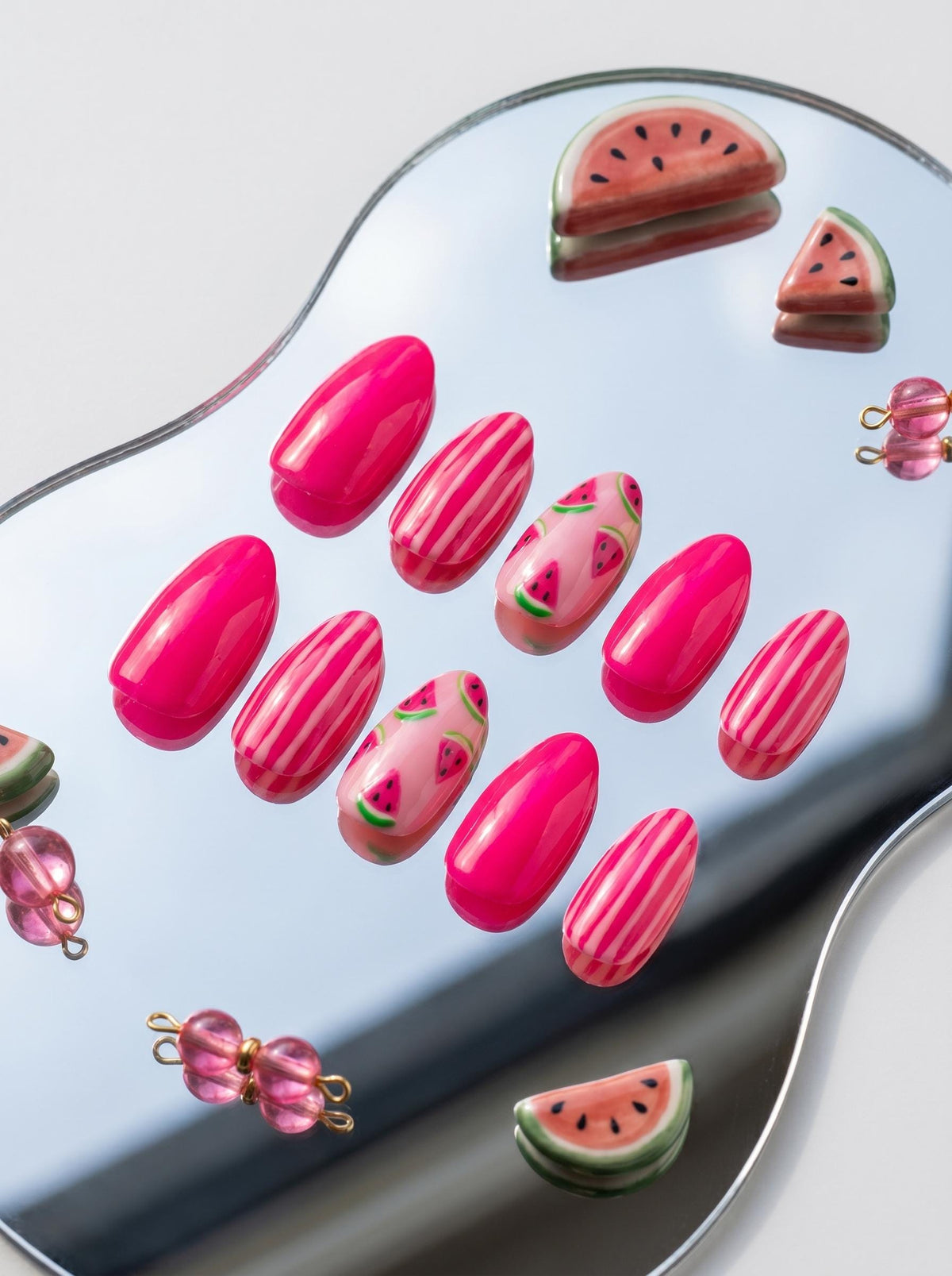 Hot Pink Watermelon Slice and Striped Press On Nails