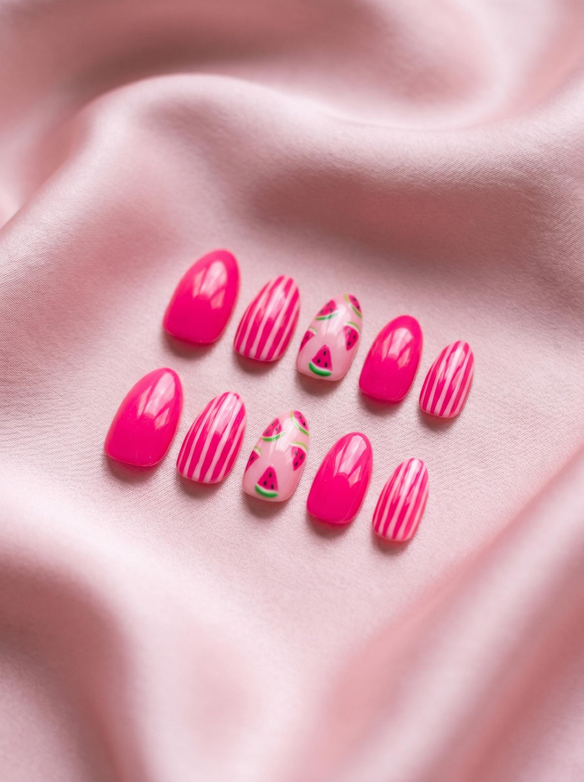 Hot Pink Watermelon Slice and Striped Press On Nails