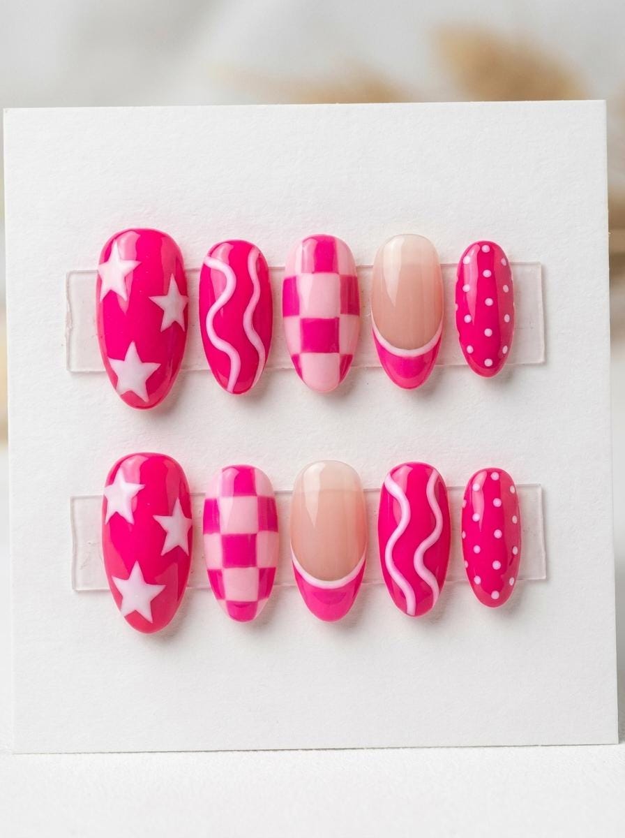 Hot Pink Y2K Press-On Nails with Stars, Checkerboard, and French Tips