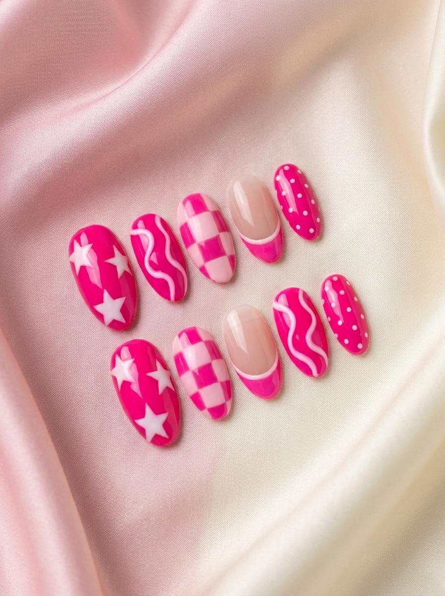 Hot Pink Y2K Press-On Nails with Stars, Checkerboard, and French Tips