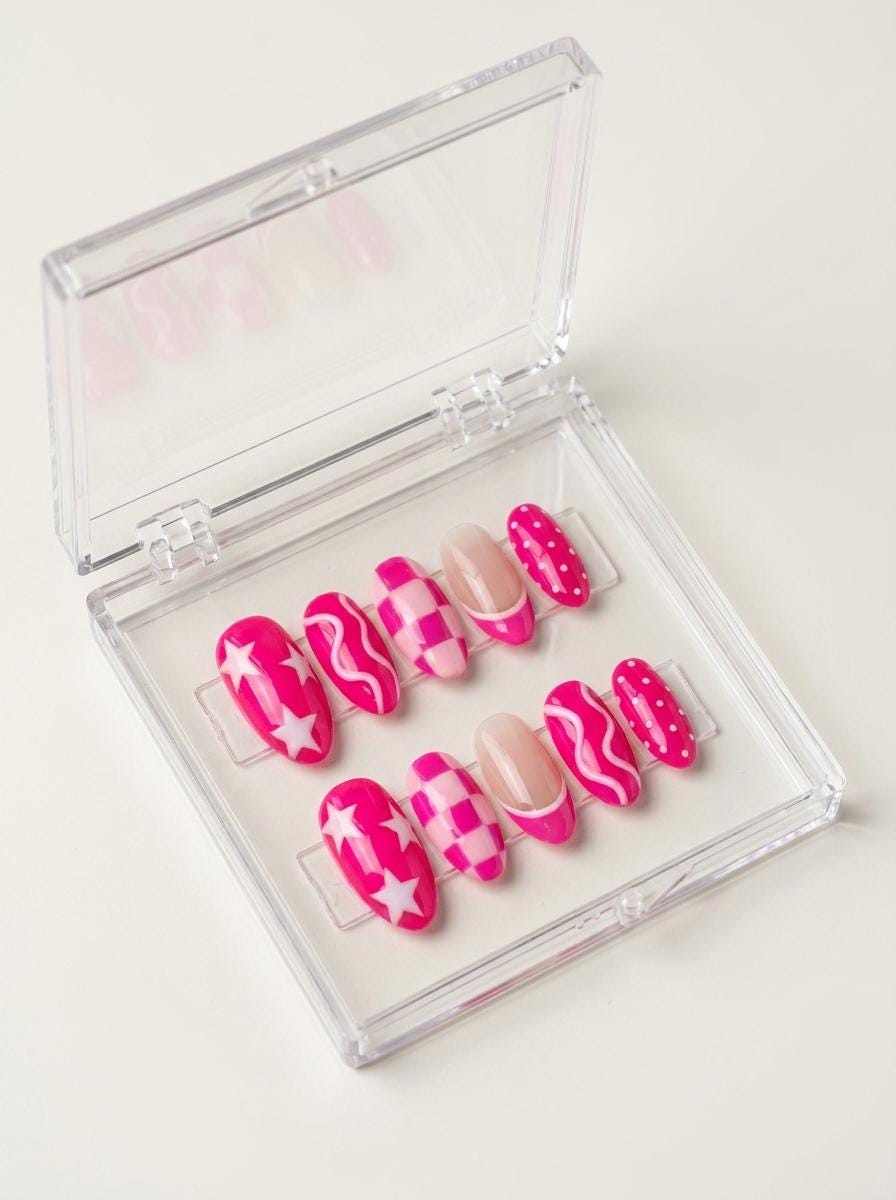 Hot Pink Y2K Press-On Nails with Stars, Checkerboard, and French Tips