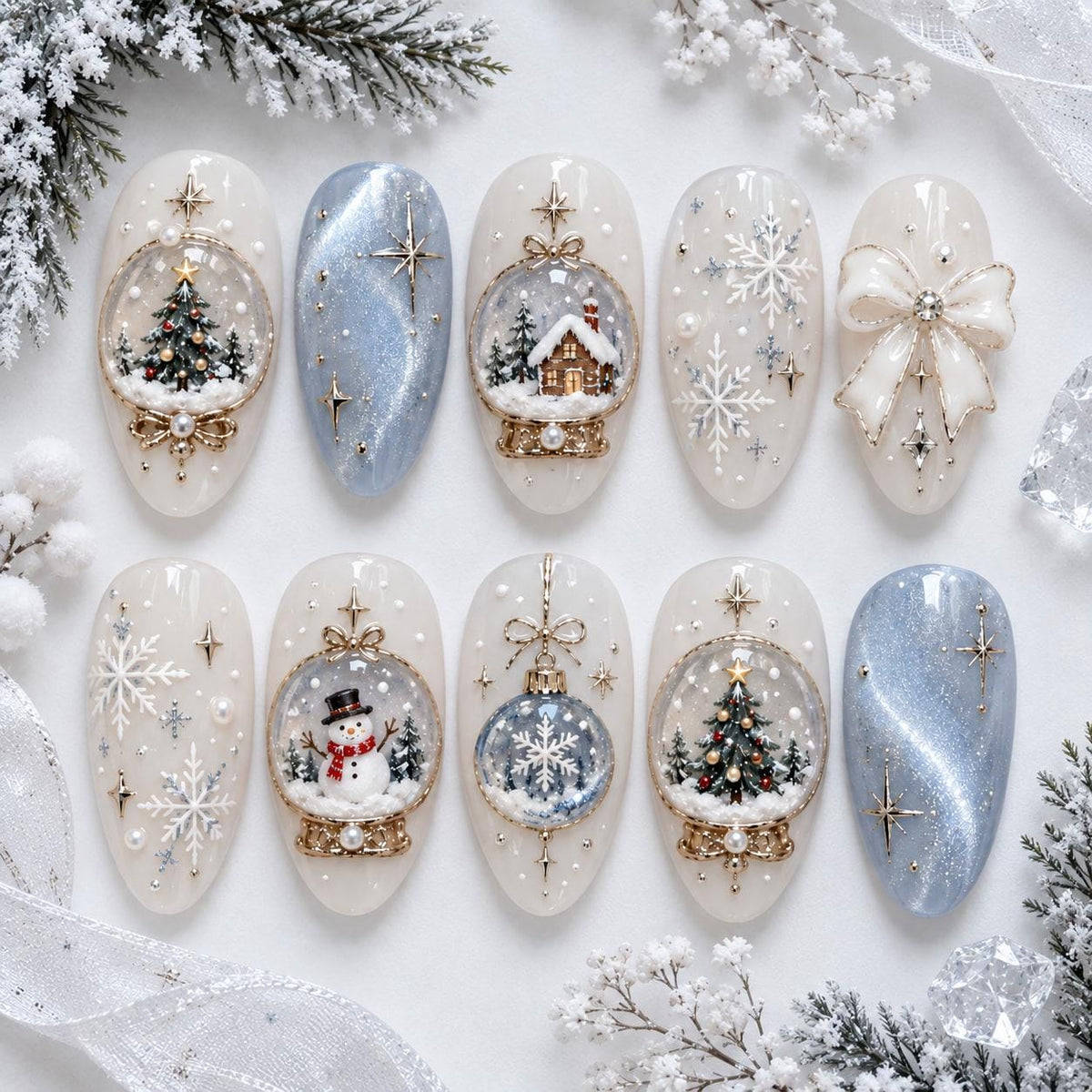 Icy Blue and Ivory Christmas Snow Globe Nail Set with Gold Winter Village Details