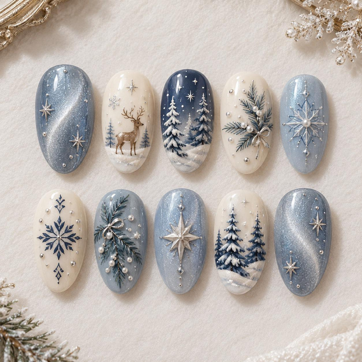 Icy Blue and Ivory Winter Forest Nail Set With Reindeer, Pine Trees and Snowflakes