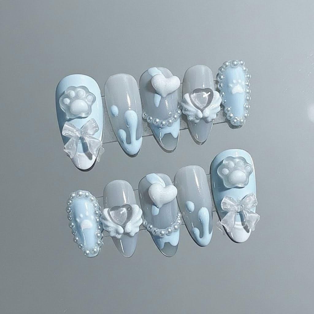 Icy Blue and White 3D Bow, Heart, Pearl, and Paw Print Nail Set