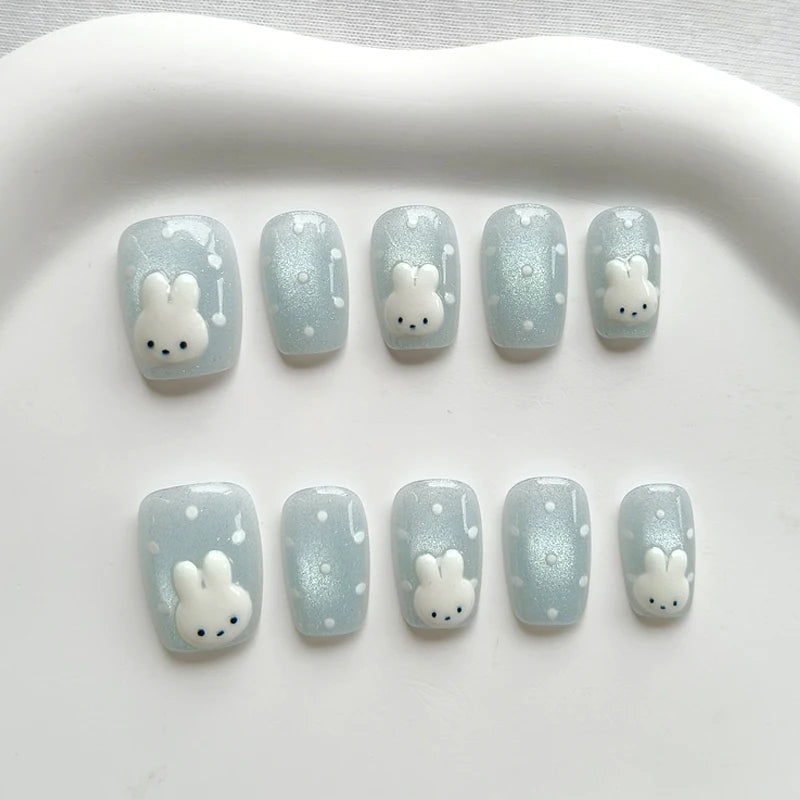 Icy Blue Cat Eye Bunny Press On Nails With White Polka Dots