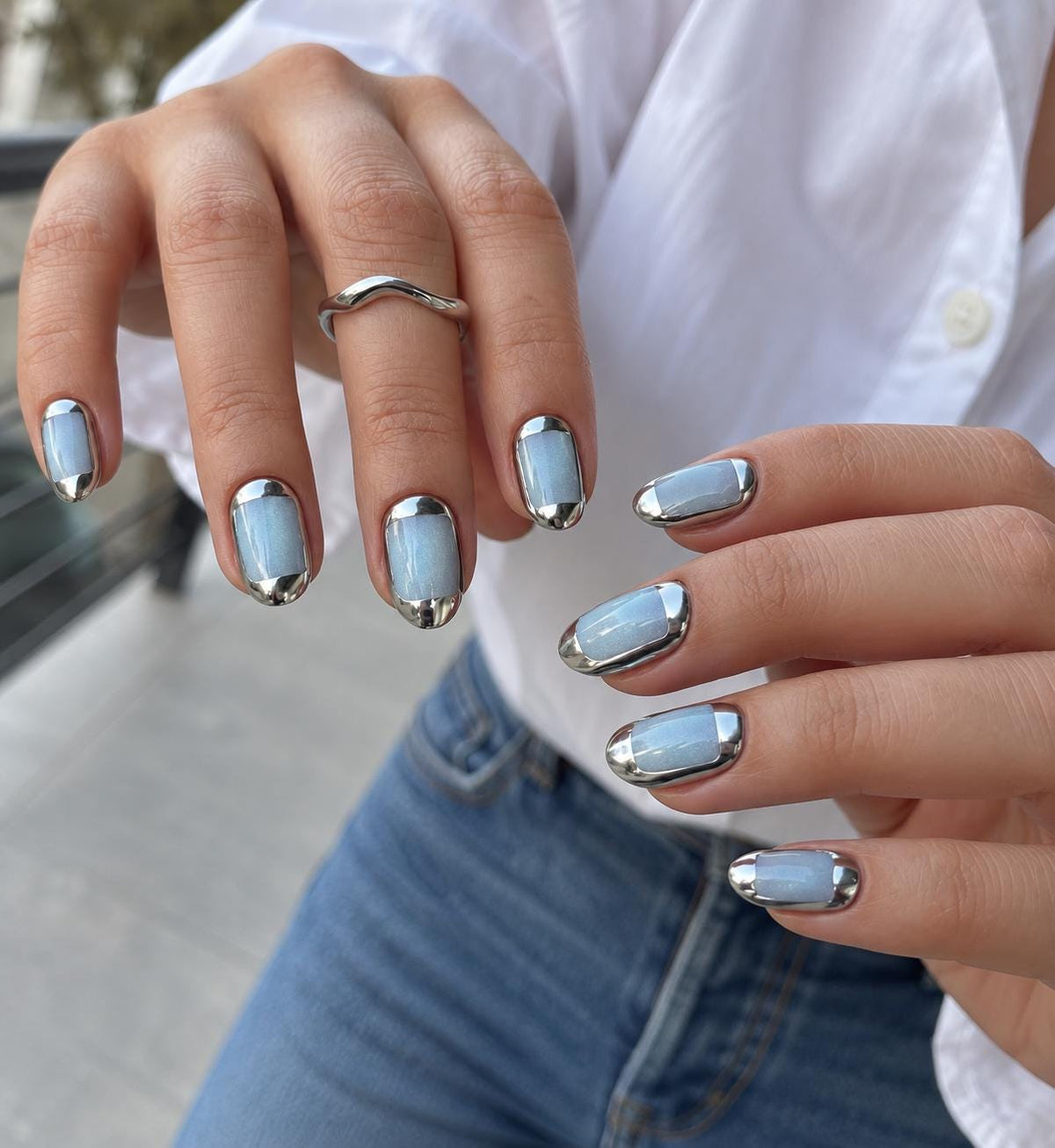 Icy Blue Cat Eye Nails With Silver Chrome French Tips
