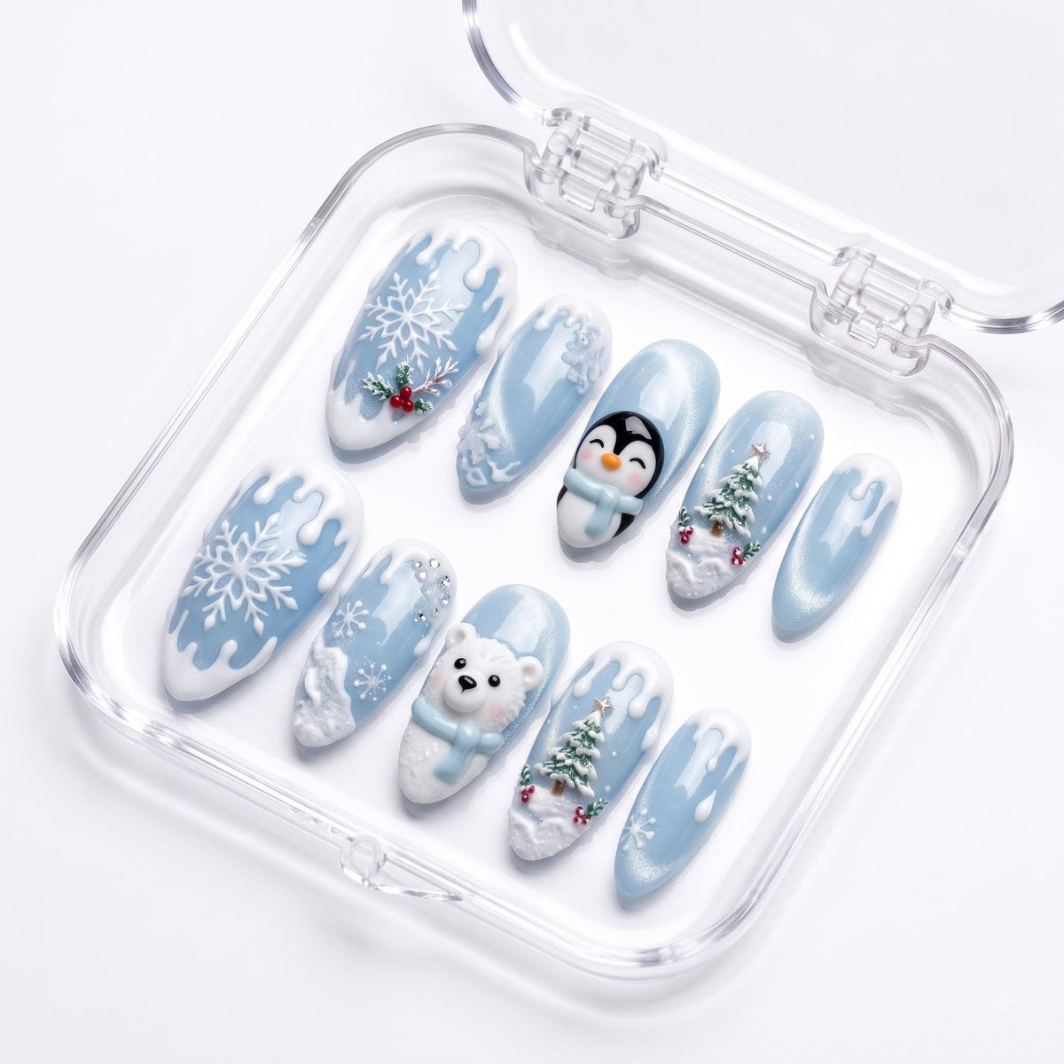 Icy Blue Christmas Nails With 3D Penguin, Polar Bear, Snowflakes, and Evergreen Trees