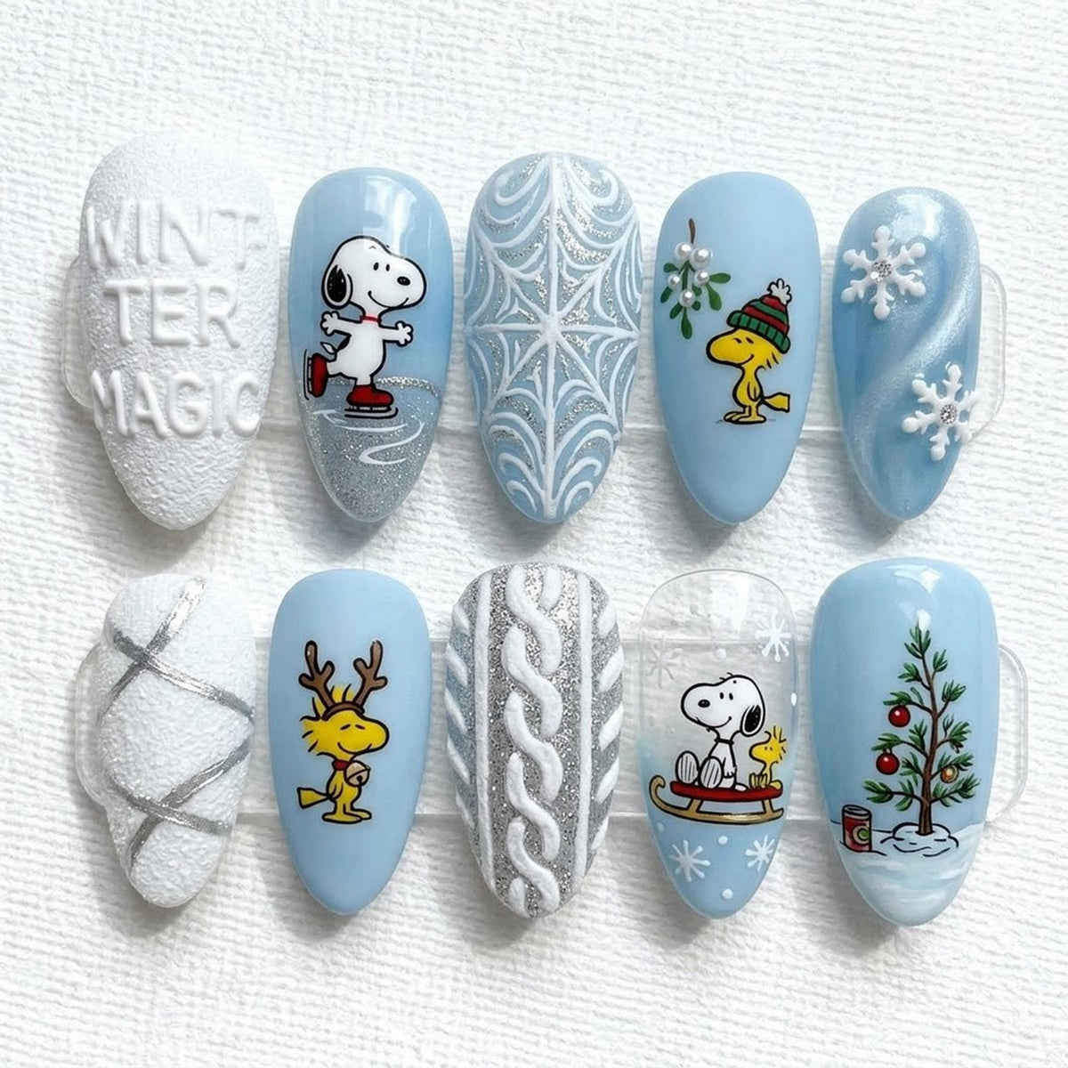 Icy Blue Christmas Press On Nails with Silver Cable-Knit Details