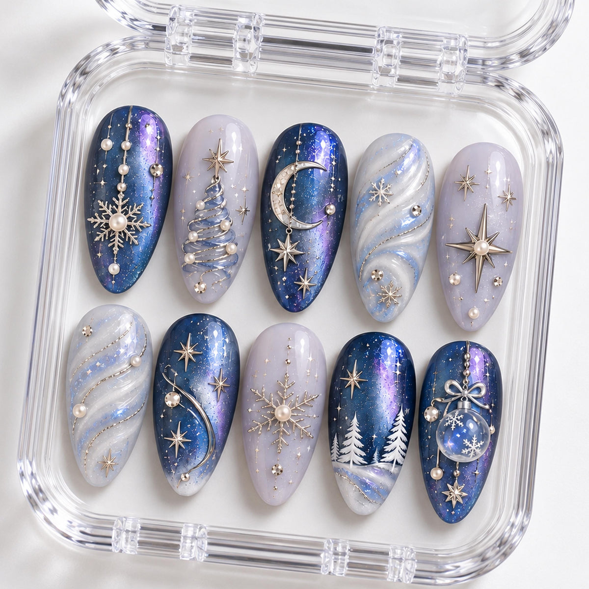 Icy Blue Christmas Snowflake, Moon & Snow Globe Nail Set