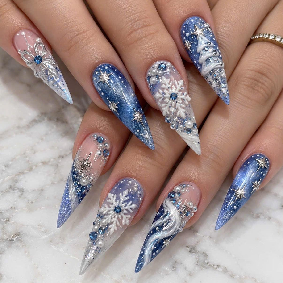 Icy Blue Christmas Snowflake Press On Nails With Rhinestones and Pearls