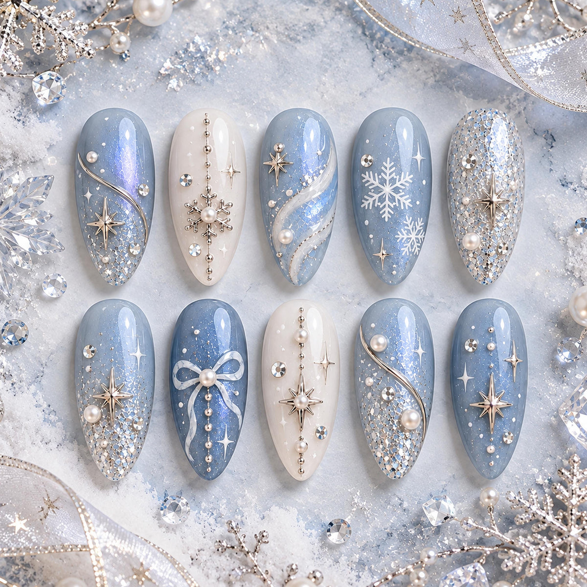 Icy Blue Christmas Snowflake Press On Nails With Silver Glitter, Pearls and Crystal Accents
