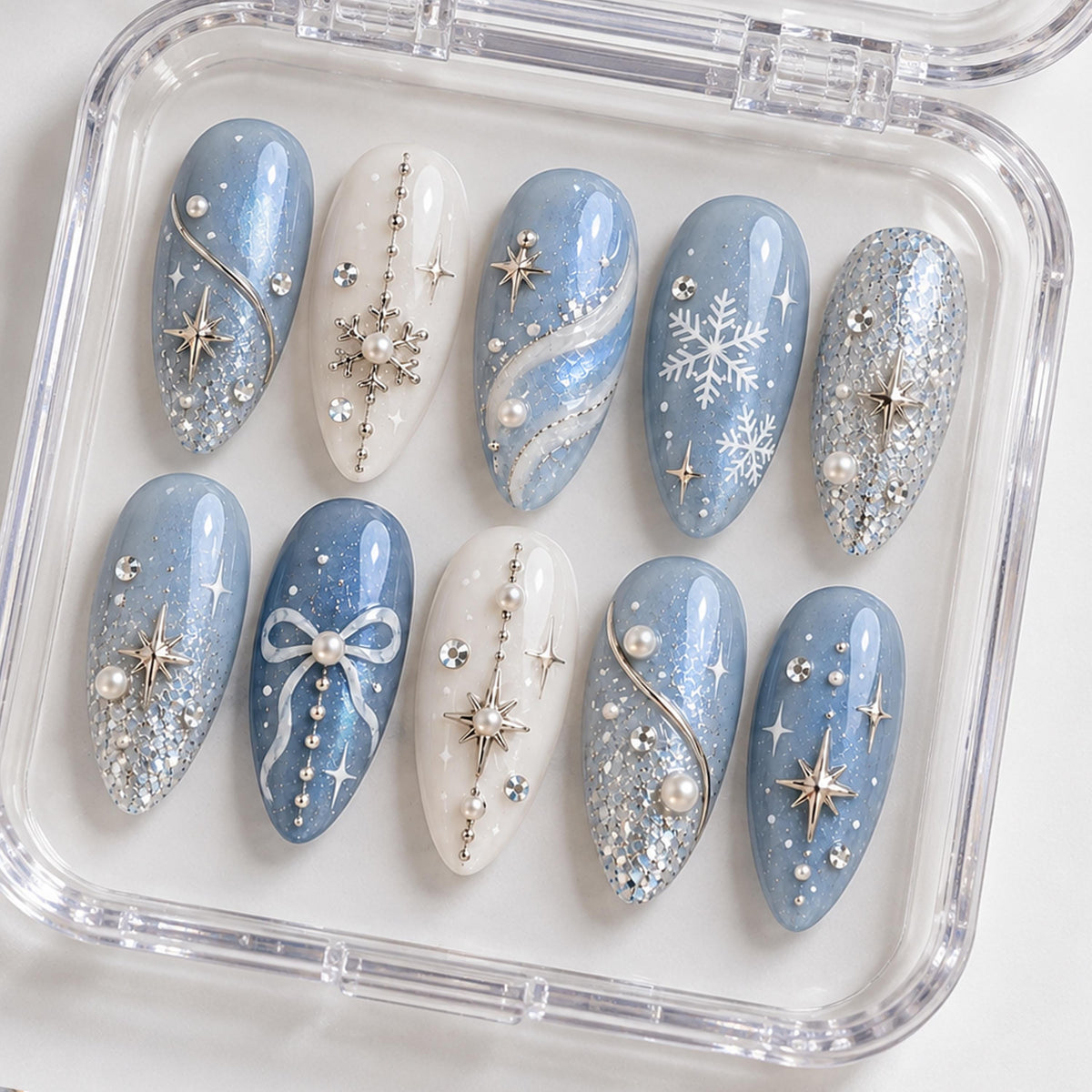 Icy Blue Christmas Snowflake Press On Nails With Silver Glitter, Pearls and Crystal Accents