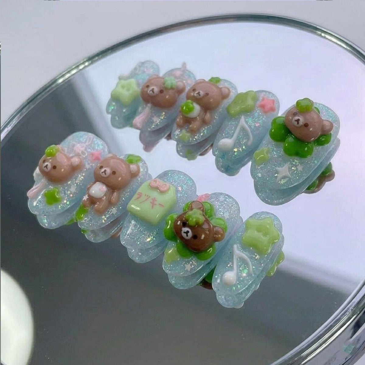 Icy Blue Glitter Bear Nails with 3D Clover, Star & Music Note Details