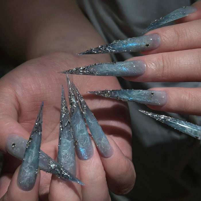 Icy Blue Gothic Marble Press On Nails With Jagged Silver Chrome Accents