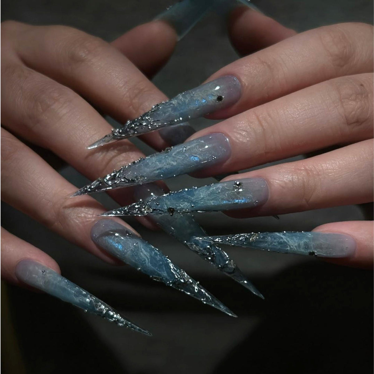 Icy Blue Gothic Marble Nails With Jagged Silver Chrome Accents