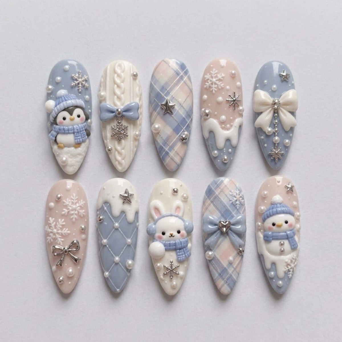 Icy Blue Plaid Winter Nails With Penguin Accents, Snowflakes, Pearls, and Bows