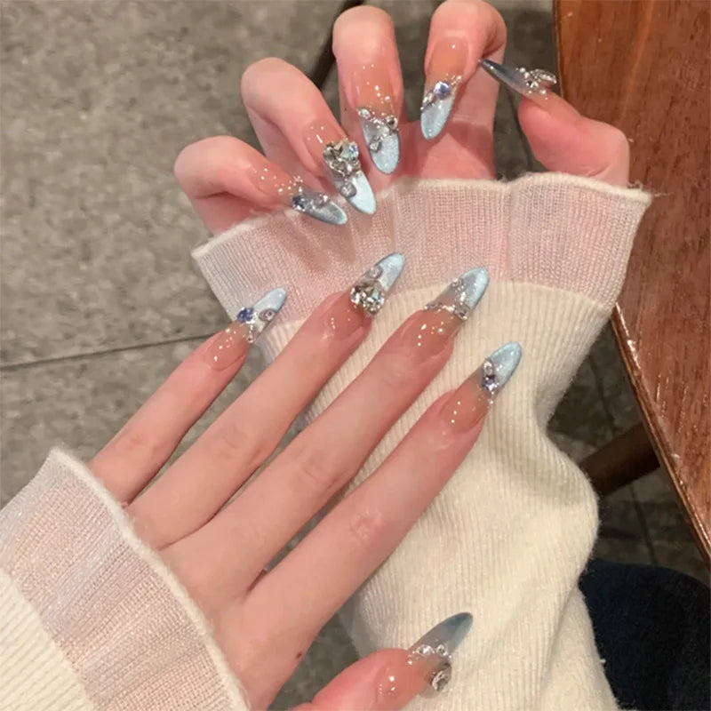 Icy Blue-Silver Chrome French Tip Nails with Rhinestones